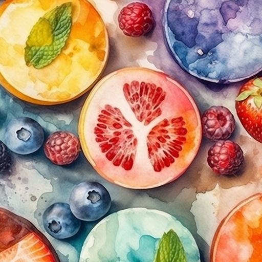 watercolor ice creams on chopped fruit, top view, 8k, DSRL, quality 2 --v 5 --s 750 --q 2