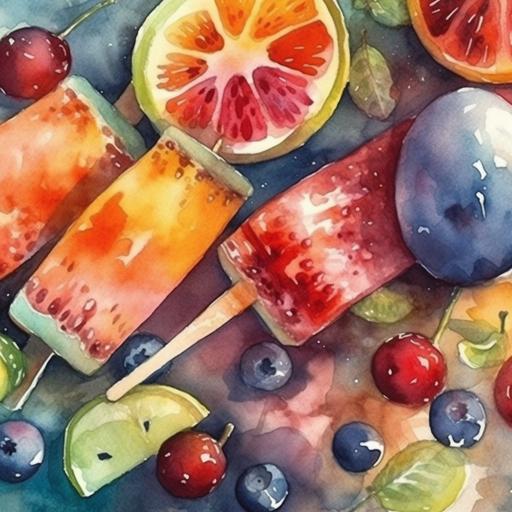 watercolor ice creams on chopped fruit, top view, 8k, DSRL, quality 2 --v 5 --s 750 --q 2