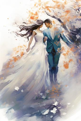 watercolor illustration of a bride wearing a flowing swirling white bridal gown walking through gorgeous white arched torii draped with flowers to her groom, basaltcore, hd --seed 3595178435 --chaos 23 --v 5.2 --ar 2:3