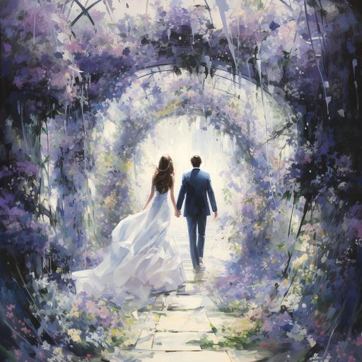 watercolor illustration of a bride wearing a flowing swirling white bridal gown walking through gorgeous white arched torii draped with flowers to her groom, basaltcore, hd --seed 3595178435 --chaos 50 --v 5.2