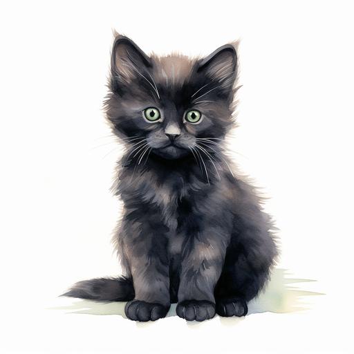 watercolor illustration of a cute black kitten sitting, white background