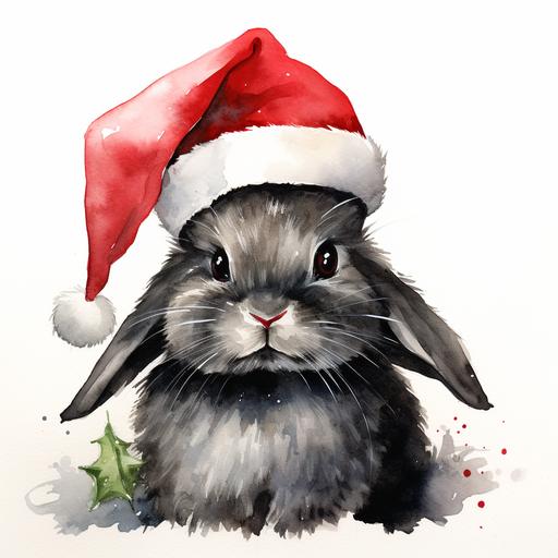watercolor illustration of adorable fluffy black bunny wearing santa hat