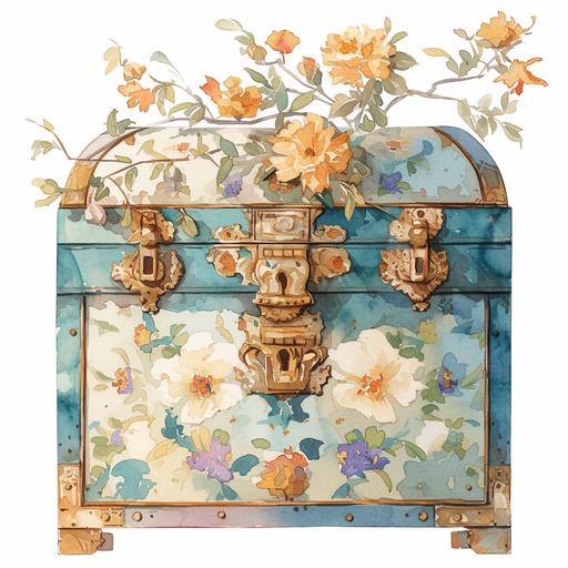 watercolor illustration of an exquisite boho antique chest. On a white background where the background will be removed to repurpose as a clipart. A lovely and gentle style, hand-drawn style, refined illustration, rich details, on white background --niji 6