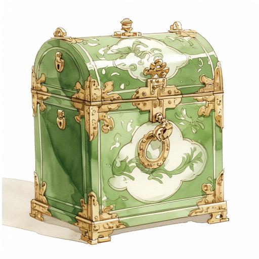 watercolor illustration of an exquisite boho antique chest. On a white background where the background will be removed to repurpose as a clipart. A lovely and gentle style, hand-drawn style, refined illustration, rich details, on white background --niji 6