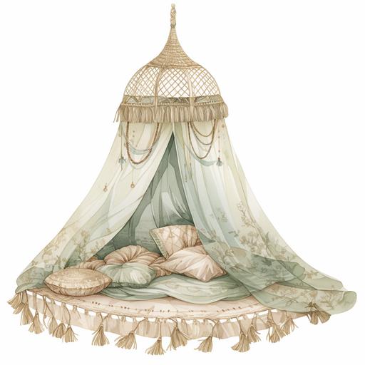 watercolor illustration of an exquisite boho woven bed canopy. On a white background where the background will be removed to repurpose as a clipart. A lovely and gentle style, hand-drawn style, refined illustration, rich details, on white background --niji 6