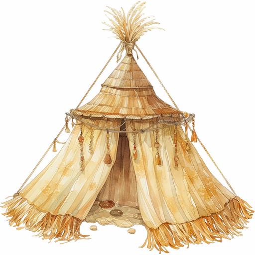 watercolor illustration of an exquisite boho woven bed canopy. On a white background where the background will be removed to repurpose as a clipart. A lovely and gentle style, hand-drawn style, refined illustration, rich details, on white background --niji 6