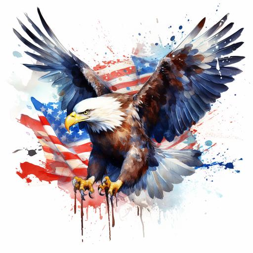 watercolor illustration of bald eagle holding the american flag in it's talons while flying, american flag blends into wings, patriotic decorations, patriotic theme, graffiti, unique, captivating, omg this is so beautiful, paint splash