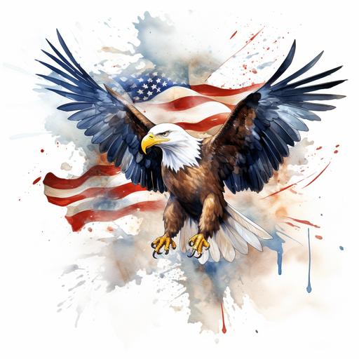 watercolor illustration of bald eagle holding the american flag in it's talons while flying, american flag blends into wings, patriotic decorations, patriotic theme, graffiti, unique, captivating, omg this is so beautiful, on white backdrop, paint splash