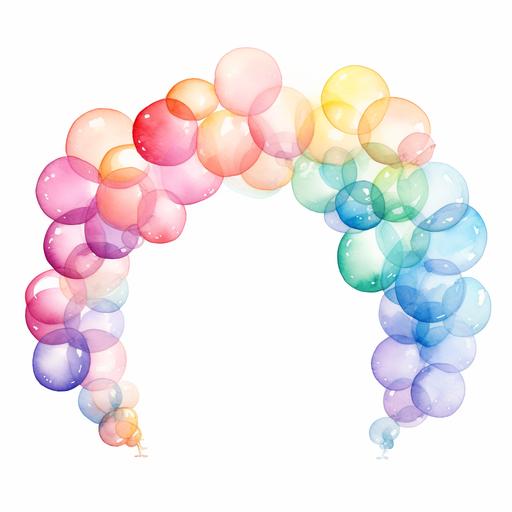 watercolor illustration of transparent light pastel colors of a rainbow balloon arch, white background
