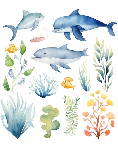 watercolor illustration set of cute ocean animals and plants, whales, fish, octopus, 8k, HD --ar 4:5