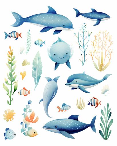 watercolor illustration set of cute ocean animals and plants, whales, fish, octopus, 8k, HD --ar 4:5