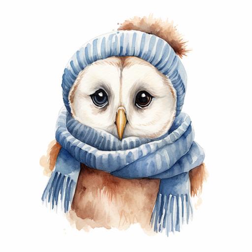 watercolor image of a fat cute smiling baby tasmanian barn owl with big wide eyes, wearing blue beanie and scarf 300dpi