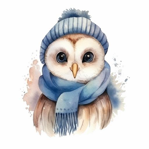 watercolor image of a fat cute smiling baby tasmanian barn owl with big wide eyes, wearing blue beanie and scarf 300dpi