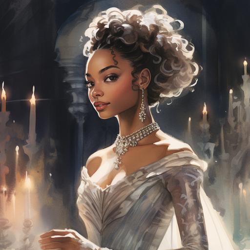 watercolor image of a young Queen Charlotte, Bridgerton style, beautiful biracial african caucasian woman, elaborate hair design, Regency era, large silver and gray regency evening gown, elaborate evening gown, dreamlike illustrations against a white background, glowing lights around image, elegant style, bridgerton style, - - s 250