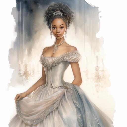 watercolor image of a young Queen Charlotte, Bridgerton style, beautiful biracial african caucasian woman, elaborate hair design, Regency era, large silver and gray regency evening gown, elaborate evening gown, dreamlike illustrations against a white background, glowing lights around image, elegant style, bridgerton style, - - s 250