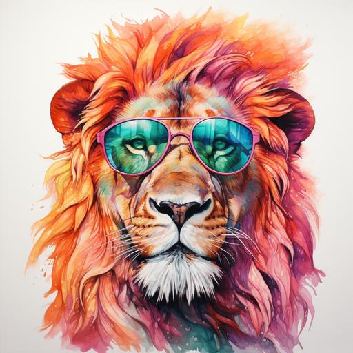 watercolor lion wearing a sunglass, orange mint and pink, contour, clear outline, flat, no shadow, on a white background --s 250