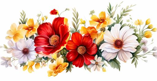 watercolor medium size white daisies, red hibiscus, small size yellow peacock flowers on white background clipart --ar 293:151