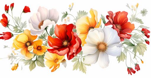 watercolor medium size white daisies, red hibiscus, small size yellow peacock flowers on white background clipart --ar 293:151