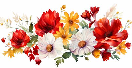 watercolor medium size white daisies, red hibiscus, small size yellow peacock flowers on white background clipart --ar 293:151