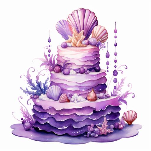 watercolor mermaid purple cake clipart, white background