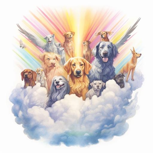 watercolor multiple dogs with angel wings sitting on colorful clouds in the sky, rainbow in the back, sunny sky, volume light