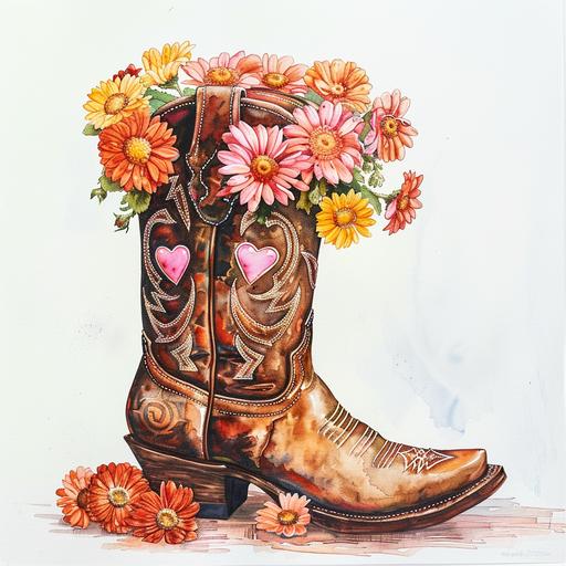 watercolor of a bouqet of pink and orange flowers inside a brown womens cowboy boot with pink heart details