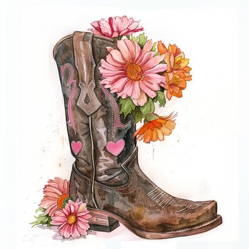 watercolor of a bouqet of pink and orange flowers inside a brown womens cowboy boot with pink heart details