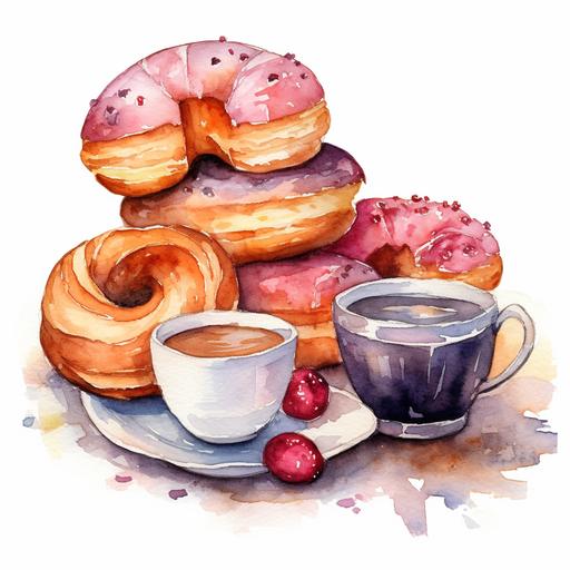 watercolor of donuts and croissants clipart, white background