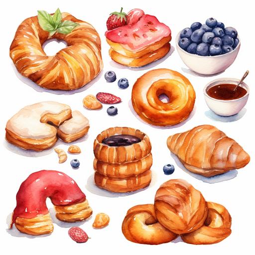watercolor of donuts and croissants clipart, white background