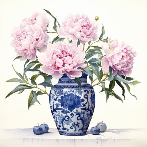 watercolor of pink peonies in blue and white porcelain vase