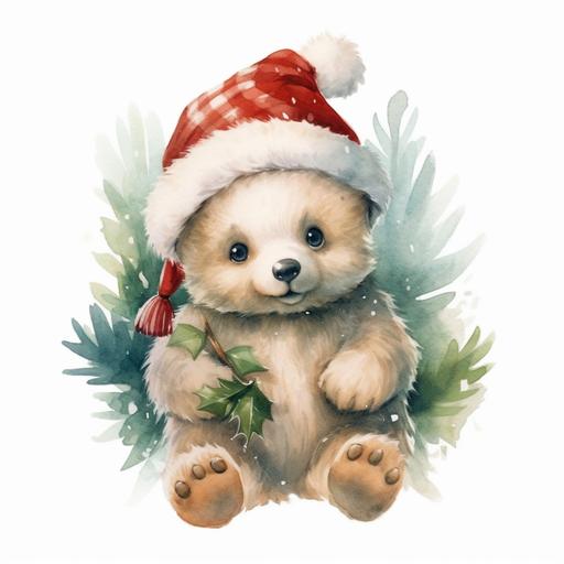 watercolor on white background. chubby smiling baby bear wearing christmas hat and holding holly