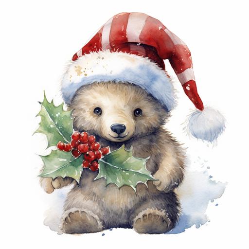 watercolor on white background. chubby smiling baby bear wearing christmas hat and holding holly