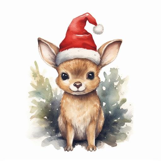 watercolor on white background. chubby smiling baby deer wearing christmas hat and holding holly