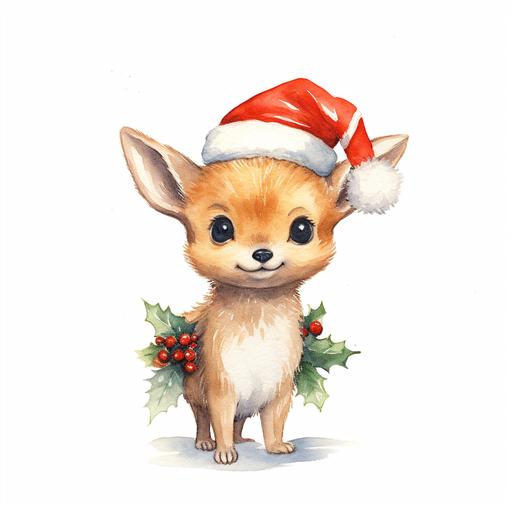 watercolor on white background. chubby smiling baby deer wearing christmas hat and holding holly