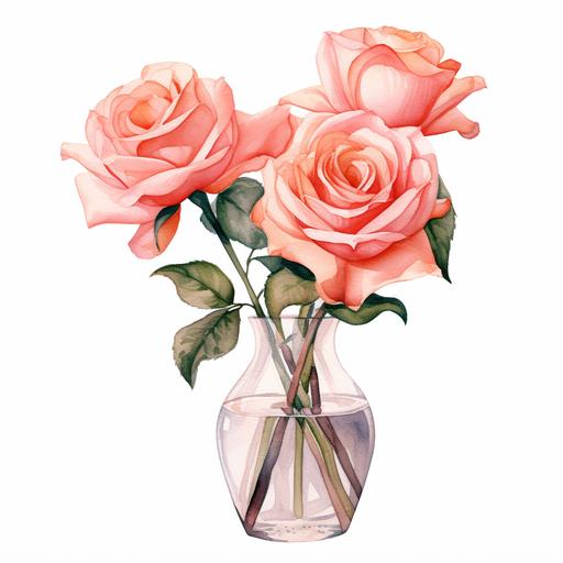 watercolor one rose salmon pink color in a transparent vase clipart white background