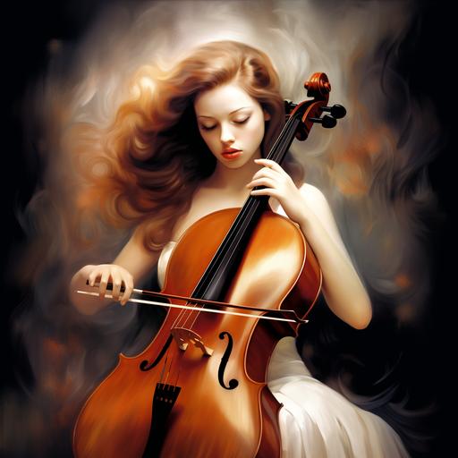 watercolor painting of White woman with black hair playing cello