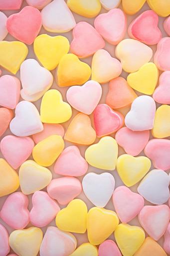 watercolor painting of peachy pink and yellow pastel candy conversation hearts laid in rows --style raw --ar 2:3