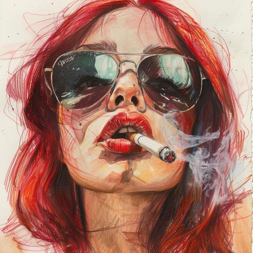 watercolor pastels of a 40 year old half Mexican dark red headed woman slightly large nose strong face kinda rounded shoulder length straight dark red hair smoking a cigarette with aviator sunglasses on. Beautiful lips. Holding cigarette very sassy with disgusted face. No freckles