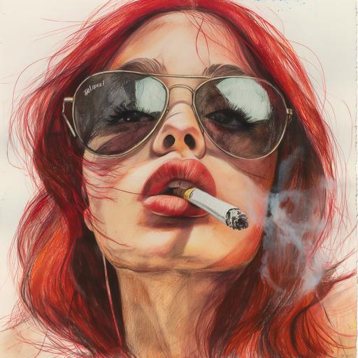 watercolor pastels of a 40 year old half Mexican dark red headed woman slightly large nose strong face kinda rounded shoulder length straight dark red hair smoking a cigarette with aviator sunglasses on. Beautiful lips. Holding cigarette very sassy with disgusted face. No freckles