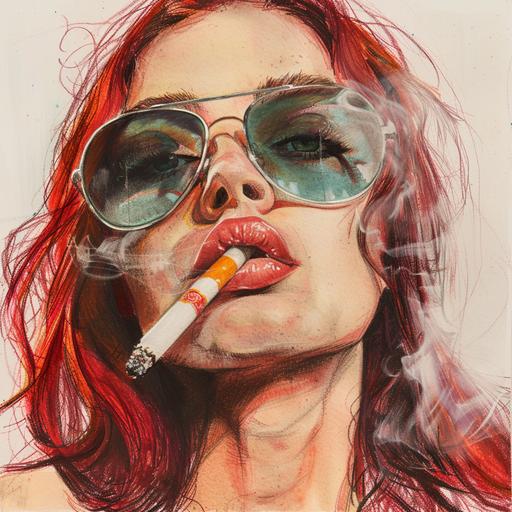 watercolor pastels of a 40 year old half Mexican dark red headed woman slightly large nose strong face kinda rounded shoulder length straight dark red hair smoking a cigarette with aviator sunglasses on. Beautiful lips. Holding cigarette very sassy with disgusted face. No freckles