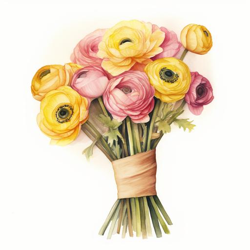 watercolor pink and yellow Ranunculus flowers bouquet wrapped in brown paper, on white background
