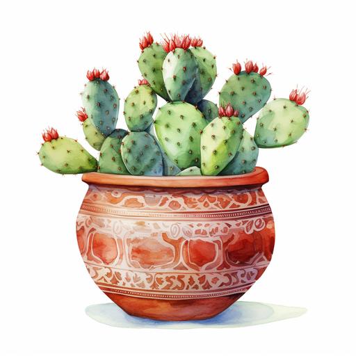 watercolor prickly pear cactus in a clay pot, boho style, on white background