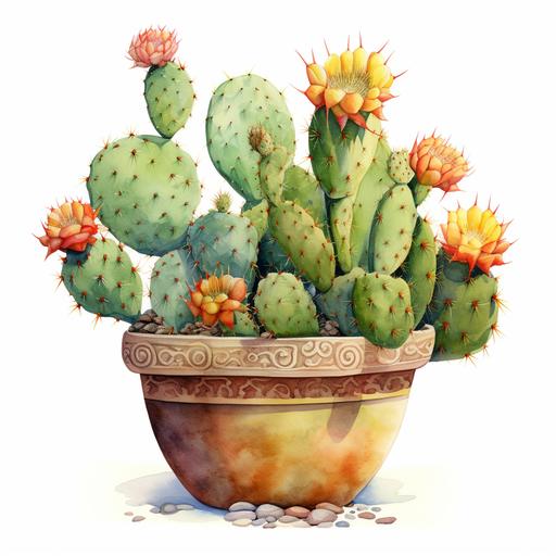 watercolor prickly pear cactus in a clay pot, on white background