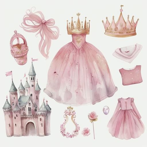 watercolor princess elements, pink princess dress, castle, crown etc. clearwhite background --s 1000 --s 20000