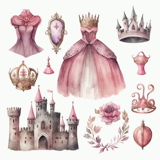 watercolor princess elements, pink princess dress, castle, crown etc. clearwhite background --s 1000 --s 20000