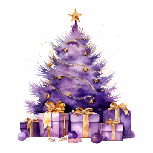 watercolor purple christmas tree with golden lights and decorations/presents. isolated on white background. ar3:2