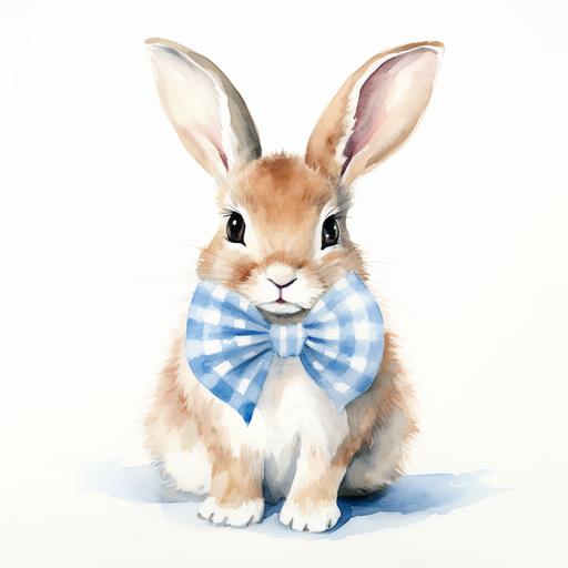 watercolor rabbit with light blue and white gingham bow, on white background