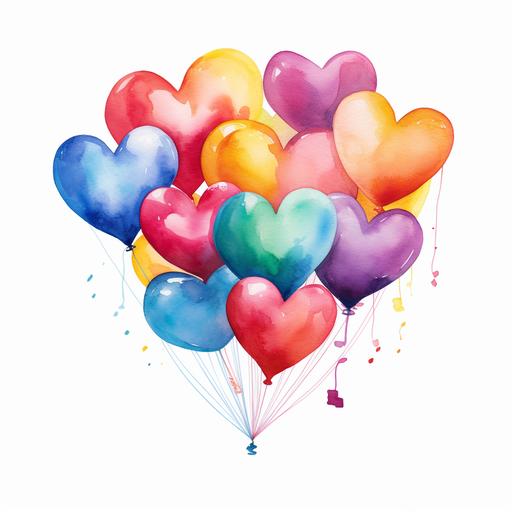 watercolor rainbow hearts balloons, on white background