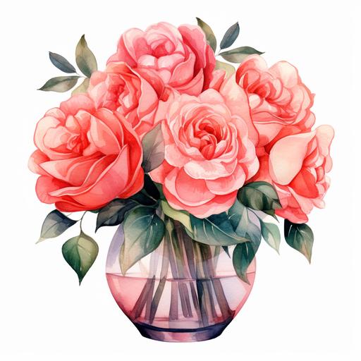 watercolor rose salmon pink color in a transparent vase clipart white background