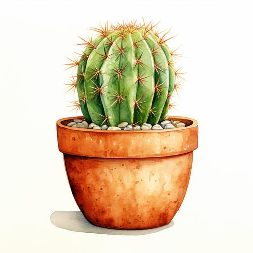 watercolor round cactus in a clay pot on white background